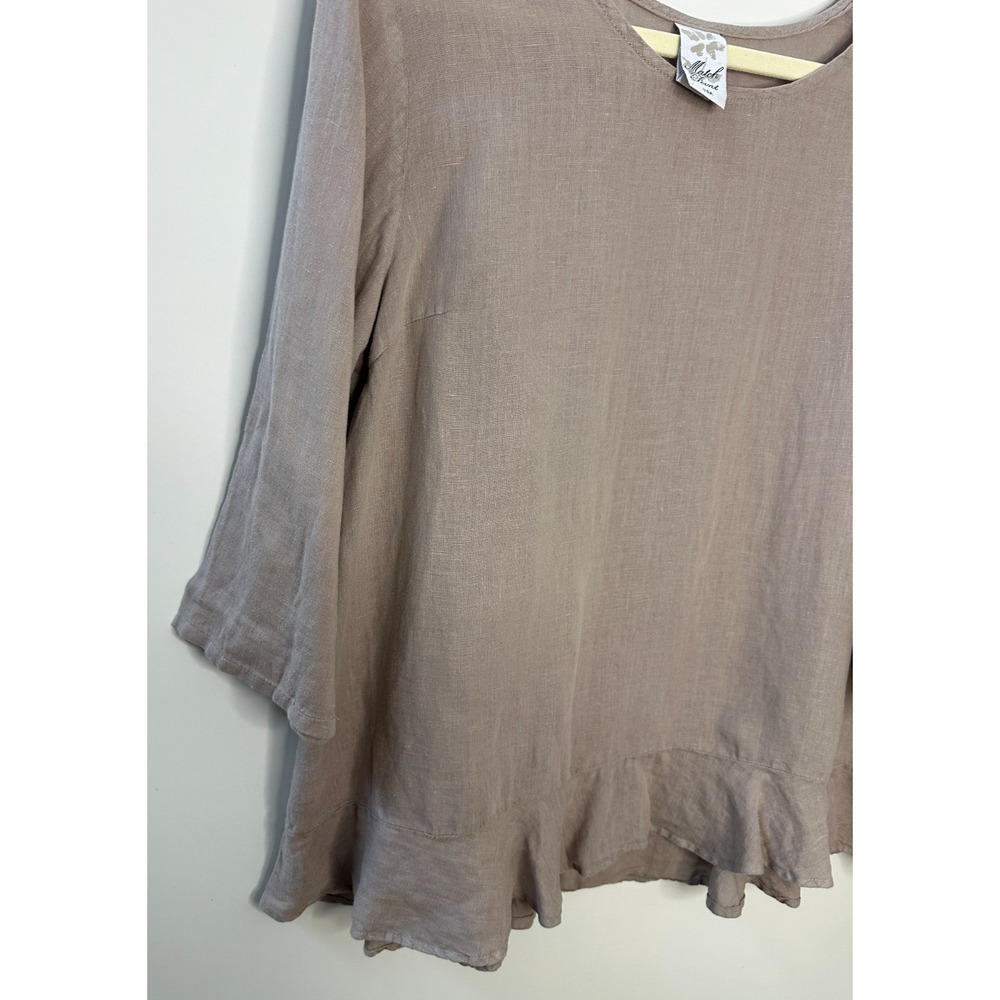 Match Point 100% Linen Ruffle Hem Tunic Top Tan Size Medium USA Made Lagonlook - Picture 5 of 10